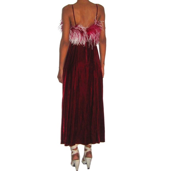 SOLD Vintage Rare Feather Boa Burgundy White Strappy Velvet Long Dress - Picture 4 of 4